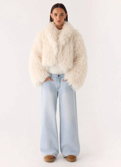 Virginia Cropped Faux Fur Jacket - Ivory