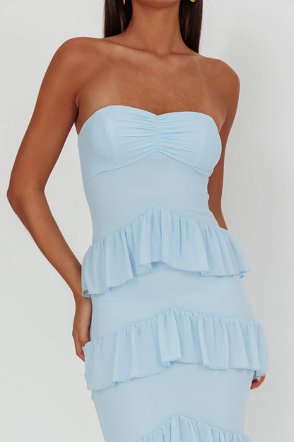 Dulce Dreams Sweetheart Neckline Frill Maxi Dress Blue