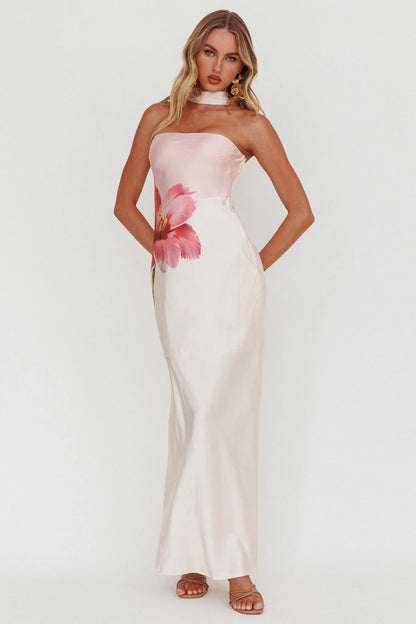 Damsel Reverse Halter Maxi Dress Flower Pink