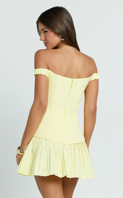 Izara Mini Dress - Off Shoulder Pleated Dress in Lemon