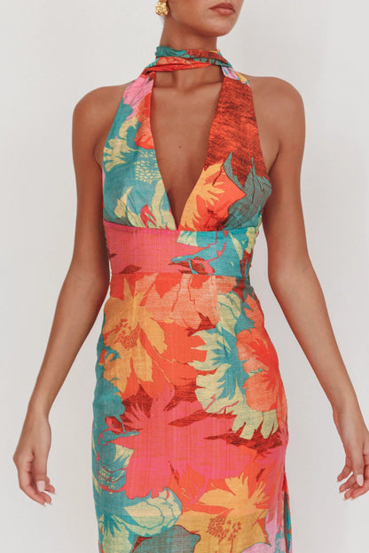 Cipriana Backless Halter Maxi Dress Floral Pink