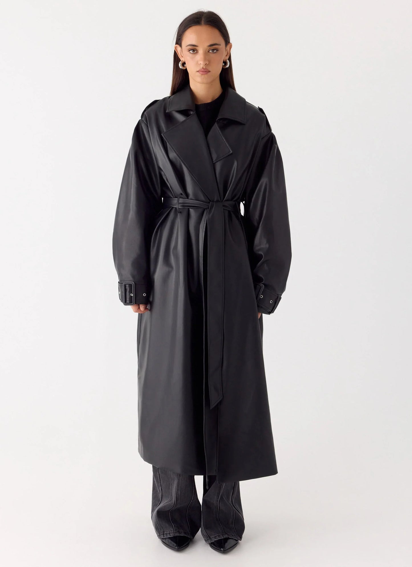 Out On The Town Faux Leather Midi Trench - Black