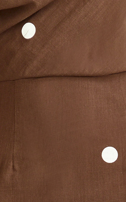 Cia Maxi Dress - Tipped Shoulder Linen Polkadot Dress in Chocolate