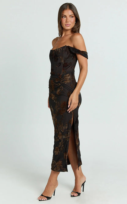 Karlene Midi Dress - Ruched Corset Burnout Dress in Black and Brown